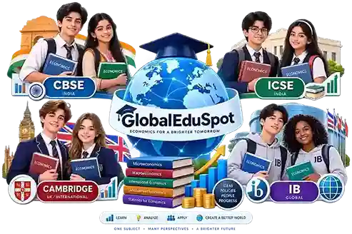 GlobalEduSpot economics education illustration featuring diverse students and CBSE, ICSE, Cambridge and IB curricula
